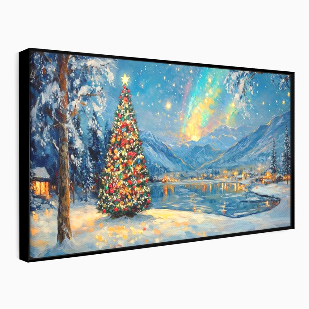 Tablou canvas cu pictura cu brad de craciun pe malul lacului, in rama de aluminiu negru